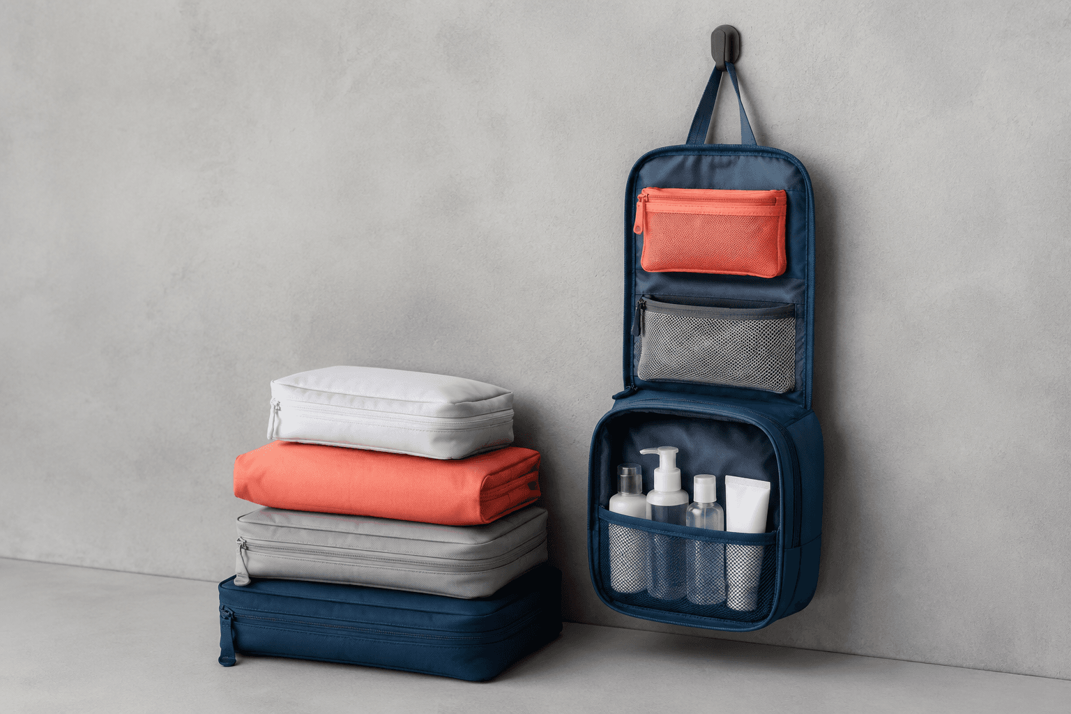 Folded travel pouches and a hanging toiletry bag